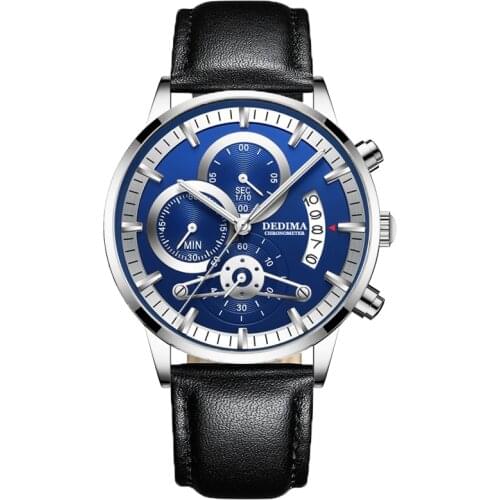 DEDIMA High-end fashion three-eye six-pin multi-function sports waterproof watch leather strap mens business luminous watch