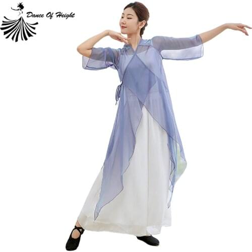 Gauze Classical Dance Dress Chiffon Practice Clothes Womens Long Cardigan Adult Butterfly Wing Costumes V Neck Half Sleeve Tops