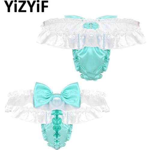 Sissy Bikini Swimwear Men G-string Thong Underwear Shiny Satin Lingerie Ruffled Frilly Cut Bowknot High Cut Low Rise Panties