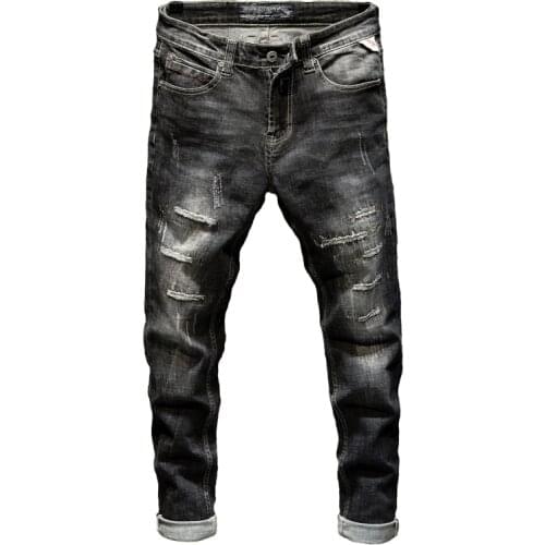 High Street Style Male Denim Pants Frayed Destroyed Vintage Mens Punk Jeans Ripped Jeans for Men Slim Fit Stretch Fashion