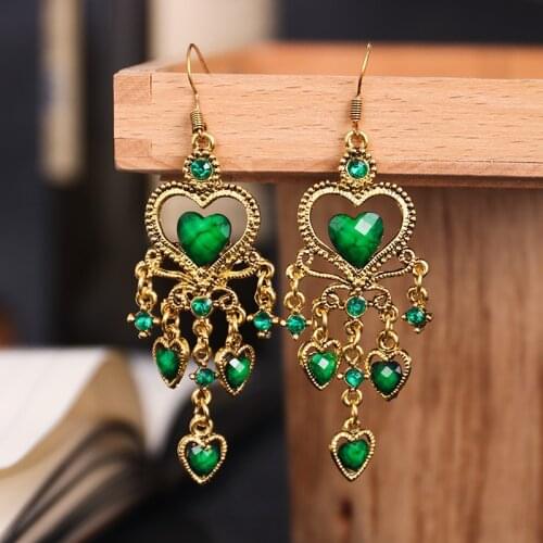 India Jhumka Long Flower Retro Ethnic Earrings Green Rhinestone Heart Gold Alloy Hanging Earrings For Women Afghan Gypsy Jewelry