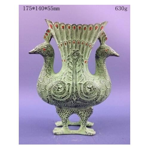 Exquisite Chinese bronze sculpture wine vessel - double peacock