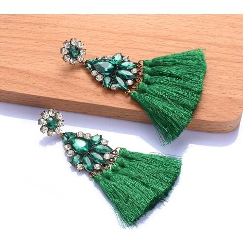 NEW Fashion Bohemian Big Tassel Drop Earrings Green Rhinestone Statement Cotton Fringe Ear Drop Earinngs For women Jewelry Gift