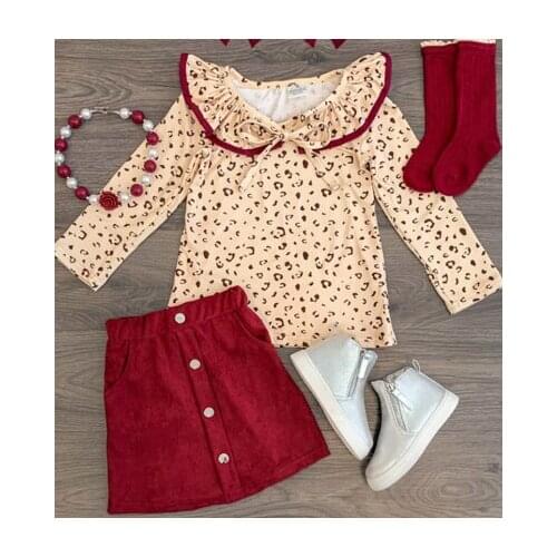 Toddler Girls Fall Outfits Long Sleeve Doll Collar Leopard Print Top + Mini Skirt 2Pcs Clothes Set