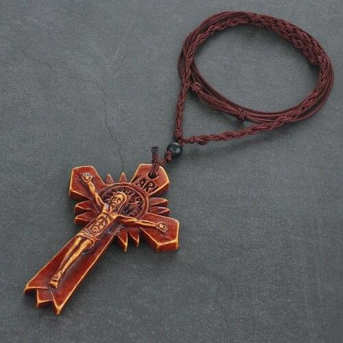 Men Acrylic Crucifix Pendant Necklaces Red Cross Necklace Adjustable Rope Weave Chains Catholic Religious Jewelry IARI Neckless