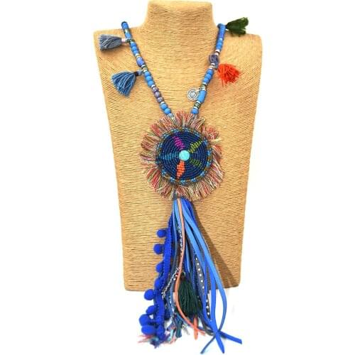 New handmade Boho wooden beads chain leather tassel pendents necklce unique Bohemia long fringe pendants Necklaces