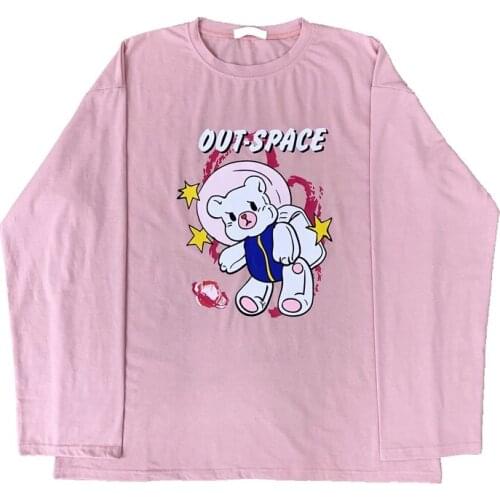 Harajuku Couple Tops Autumn New Style Korean Bear Print T-shirt Loose O-neck Long-sleeved T-shirt Men Women Bottoming Shirt Top