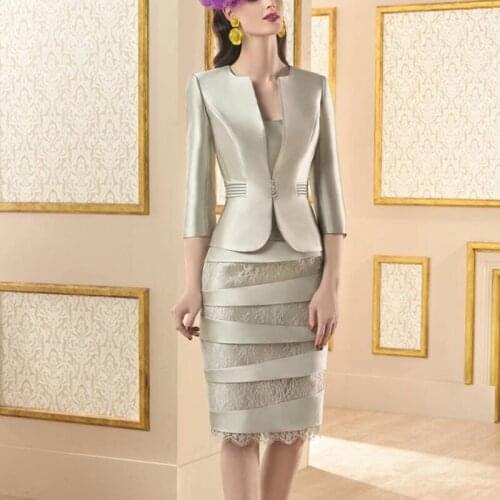 With Jacket Mother Of The Bride Dresses Sheath Knee Length Satin Lace Plus Size Short Groom Mother Dresses For Wedding