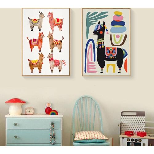 Nordic Poster Canvas Boho Cartoon Animals Colored Alpaca Nursery Painting Art Print Wall Picture For Living Kids Room Home Decor