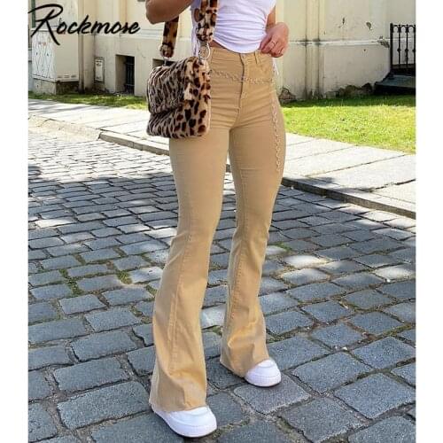 Rockmore Y2K Skinny Flare Ripped Jeans Woman 90S Streetwear High Waist Pants Capris Denim Trouser Harajuku Brown Vintage Female