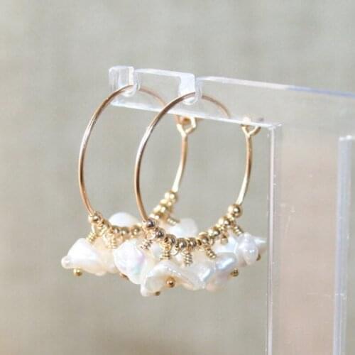 Keshi Pearl Hoop Earrings, 14K Gold filled, June Birthstone, Freshwater White Pearl, Baroque Pearl