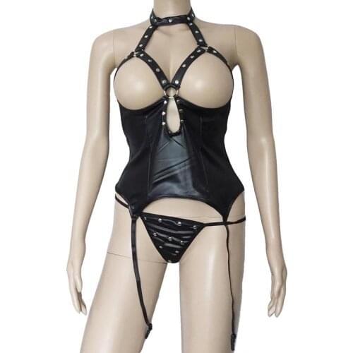 Sexy Black Wet Look Halter Neck Cupless Teddy Studded Bustier Open Breast Bodysuit with Garter Belt Mistress Costume Lingerie