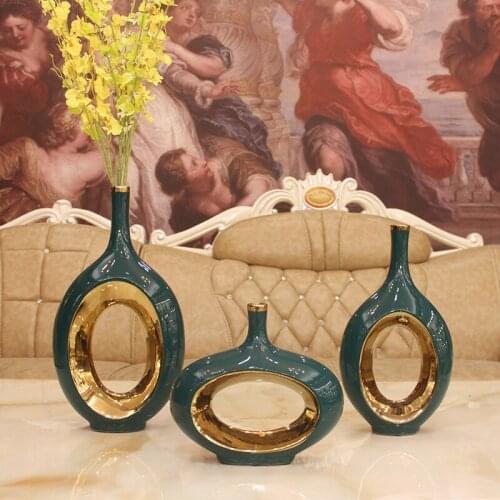 Light luxury electroplating golden dark green ceramic vase flower arrangement retro home furnishings European desktop ornaments