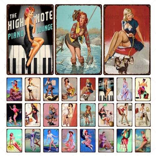 Metal Iron Sheet Vintage Poster Chic Pin Up Girl Tin Sign Retro Plate Poster Man Cave Bedroom Living Room Home Decor Wall Art