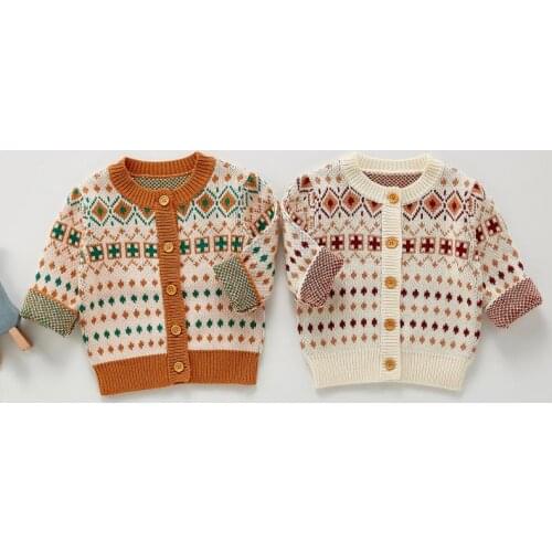 2021 Autumn New Baby Long Sleeve Sweater Fashion Geometric Print Knit Cardigan For Boys Girls Knitted Jacket Coat Kids Knitwear