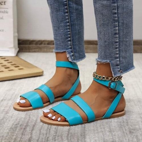 Women Flats Sandals 2021 Summer Fashion Ankle Buckle Open Toe PU Leather Set of Feet Solid Color Women Casual Sandalias TGHDOF