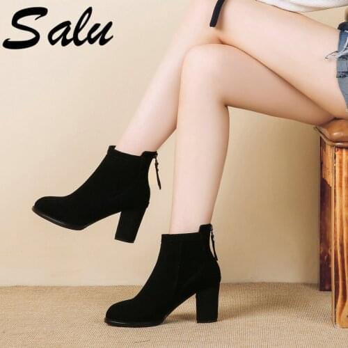 Salu Cow Suede High Heel Zipper Woman Ankle Boots Fashion Round Toe Side Women Boots Black Size 46 47 48 shoes woman