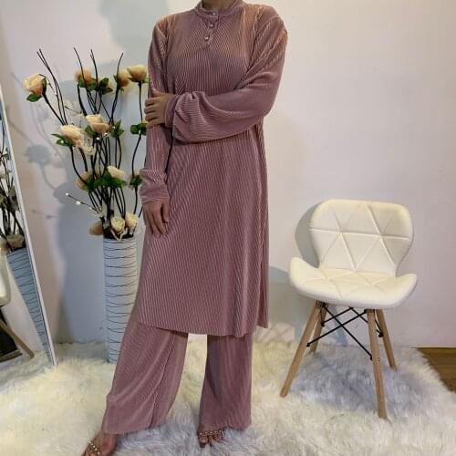 Muslim Abaya Dubai Two Piece Set Women 2021 Elegant Tops Pants Suit Long Sleeves Kaftan Islamic Clothing Turkey Fashion Robe