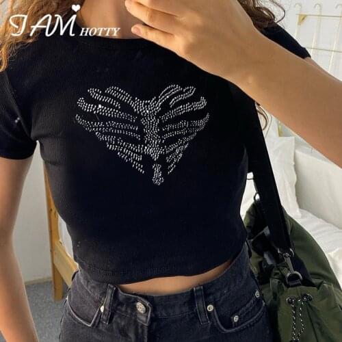 Diamonds Heart Casual Basic Crop Top Women Harajuku Gothic Short Sleeve T-shirt Vintage Aesthetic Pullover Shirt Summer Iamhotty