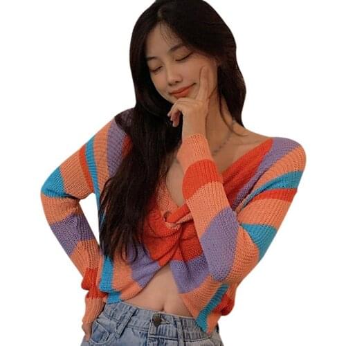 Sexy V-neck Cross Rainbow Color Pullover Sweaters Loose Korean Style Ladies Sweet Autumn Jumpers Pull