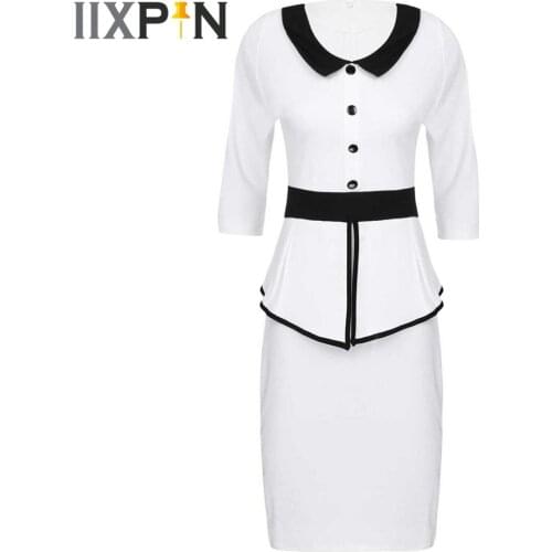 Womens Elegant Bodycon Dresses Knee Length Lapel Collar Office Ladies Pencil Dress Slim Fit Patchwork Peplum Femme Party Dress