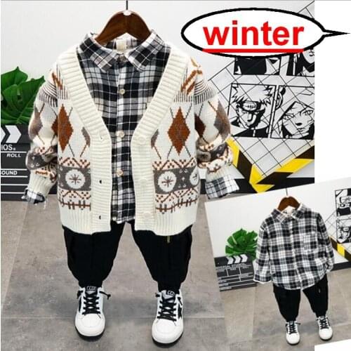 Winter Toddler Kids Knit Cardigan ,Plush Plaid Shirt and Thick Pants 3pcs Outfit Baby Boys Clothes Set for Childrens Suits