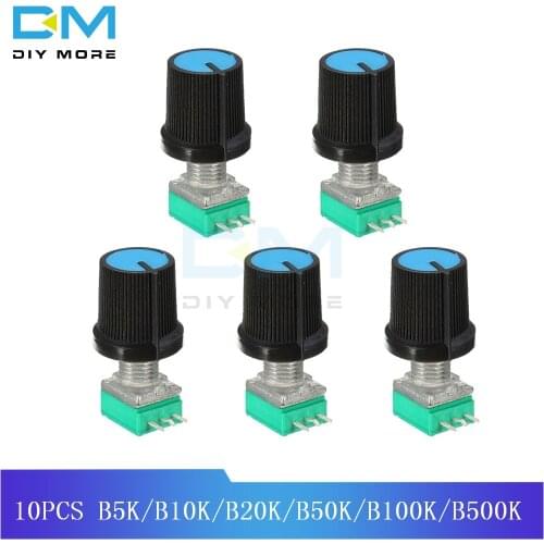 10PCS 6mm 3 pin Knurled Shaft Single Linear B Type B5K B10K B20K B50K B100K B500K ohm Rotary Potentiometer With Cap Blue DIY Kit