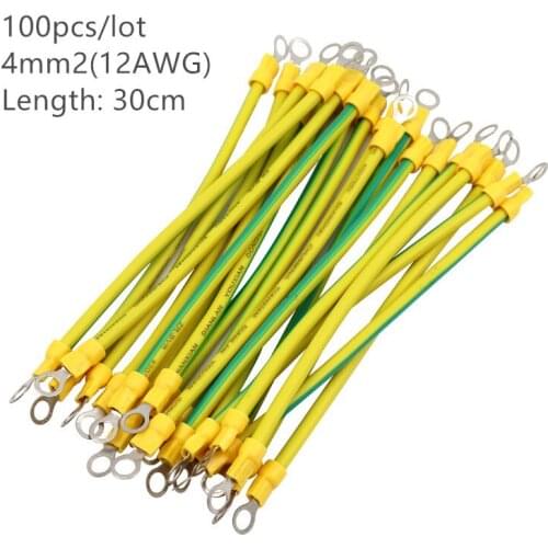 100pcs 30cm Length 12 AWG 4mm2 BVR Yellow-Green Solar Grounding Wire with Terminals Copper PV Cabinet Bridge Leakage Earth Cable