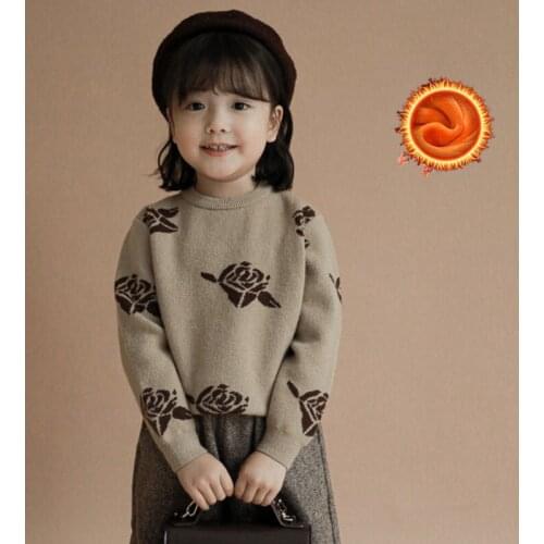 2021 Girl Casual Hedging Sweater Childrens Knitted Woolen Autumn/Winter Kids Cute Flower Warm Thicken Plus Velvet High Quality