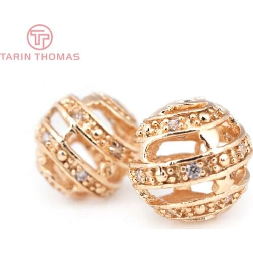 4PCS 12.5MM 24K Gold Color Plated Brass with Zircon Hollow Round Spacer Beads High Quality Diy Jewelry Accessories