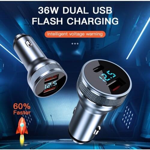 LED 36W PD Car Charger QC 3.0 Digital Display Fast Charging Dual Port USB Smart Phone Data Cord For iPhone 12 11 Pro Max Xiaomi