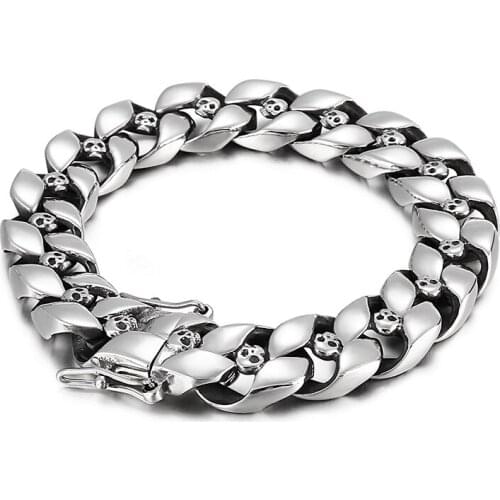 13mm 8.5 inch Silver/ Gold Stainless Steel Cuban Link Chain Bracelet Skull Bangle for Mens Hip-Hop Punk Jewelry