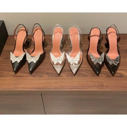 Carpaton Crystal Butterfly-knot High heel Shoes Pointed Toe Transparent PVC Slingback Party Dress Shoes Sexy Sandals for Women