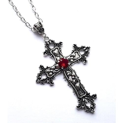 Goth Large Detailed Cross Drill Pendant Jewel Necklace Tone Gothic Charm Punk Jewellery Fashion Rock Statement Women Gift(Red