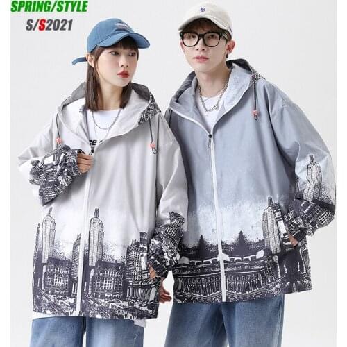 Trend couple Hooded Jacket 2021 Autumn New Korean Style Hip Hop Loose Unisex All-match Fashion High Street Print Windbreakers