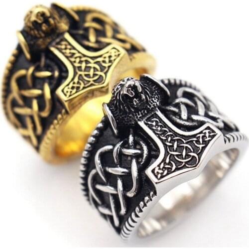 Fashion Domineering Wolf Head Thors Hammer Ring Retro Personality Viking Rune Jewelry Creative Luxury Exquisite Gift