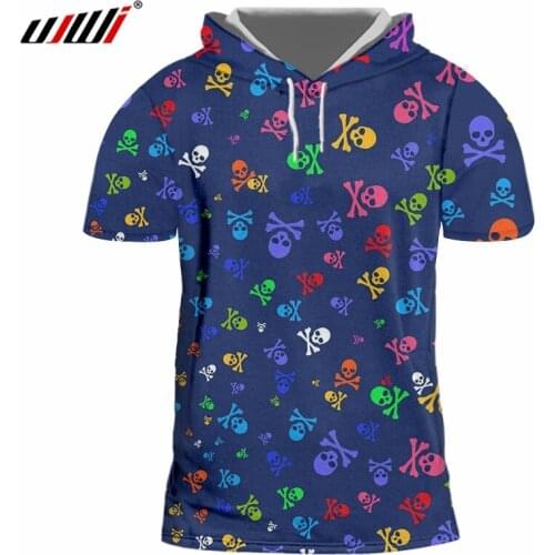 UJWI Man Colored Creative Short Sleeve T-shirt 3D Printed Funny Small Skull Trend Sports Mens Hooded Tshirt Large Size