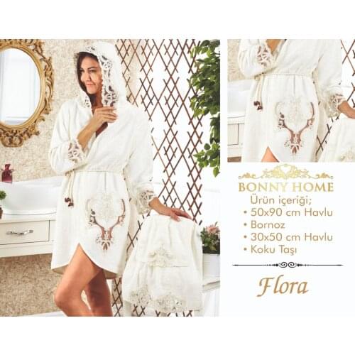 Bonny Home Flora 3 Pieces Women Bathrobe Set 100% Cotton Lacy Luxury Female Towel Nightwear Sleepwear Bath Robe