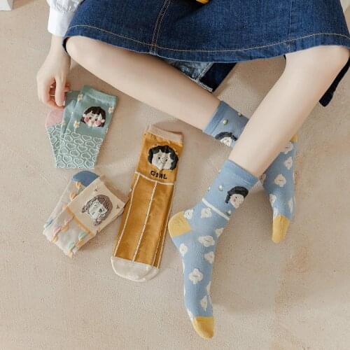 4 Pairs Socks Women Autumn New Medium Tube Cotton Socks Lovely Cartoon Straight Creative Street Fashion Socks