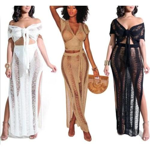 New 2PCS/Set Sexy Crochet Beach Cover Up Hollow Out Knitted Tassel Beachwear Swimsuit Swimwear Cover Ups Beach Dress