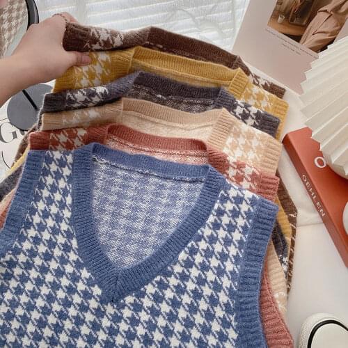 2021 New Autumn and Winter Houndstooth Vest Womens Knitted Vest Loose Korean Outdoor Sweater Waistcoat