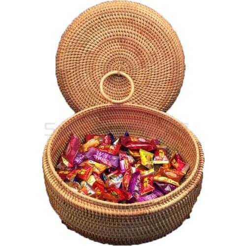 Autumn Rattan Weave Fruit Basket Round Organizers Box Dried Bread Candy Snacks Dessert Food Storage Container with Lid