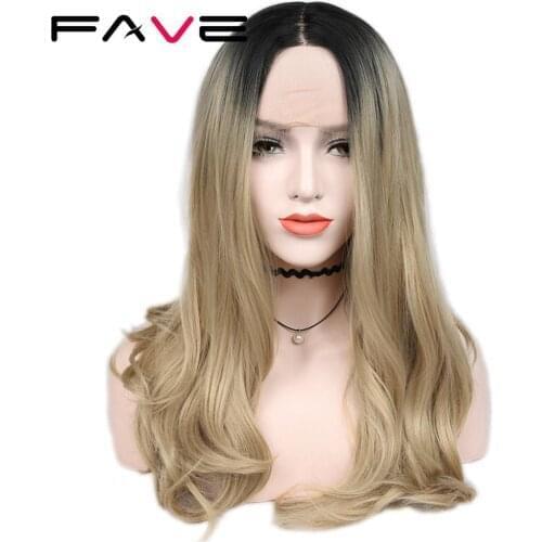 FAVE Lace Front Light Brown Blonde Ombre Color 1.8*10.5 Wig Long Wavy Middle Part Glueless For American Womens Synthetic Wigs