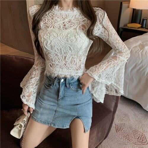Sexy Lace Black Tops Harajuku Vintage Flare Sleeve Women Spring Long Sleeve Hollow Out Tops
