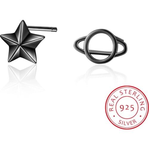 100% 925 Sterling Silver Asymmetry Planet Star Stud Earrings For Women Simple Fashion Party Jewelry