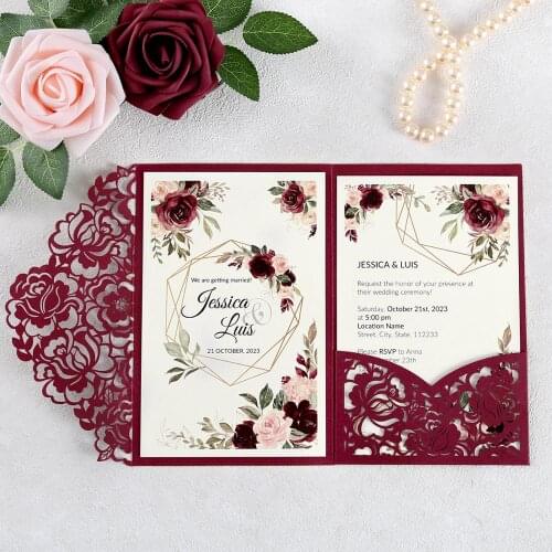 50pcs Customized Burgundy Floral Laser Cut Pocket Wedding Invitations with Envelope for Party/ Wedding/ Quinceanera