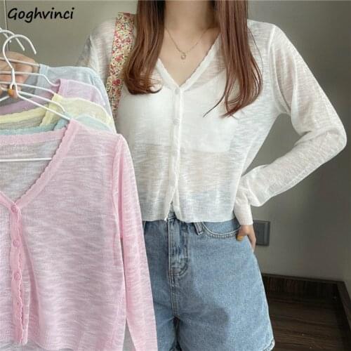Loose Solid Fairy Cardigans Women Button Up Long Sleeve Knitwear Sun Protection V-neck Thin Outwear Elegant Slim Shawl Jumpers