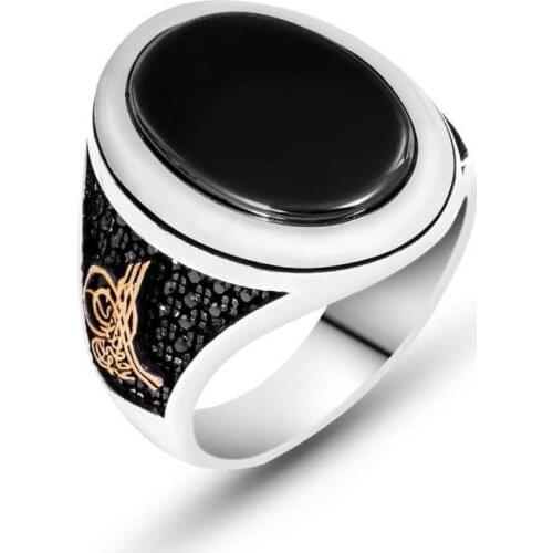 Tevuli 925 Sterling Silver Black Cz Tuğralı Male Ring