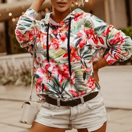 Women Floral Printed Long Sleeve Hoodie Autumn Winter Casual Loose Pullover Fashion Sweatshirts Drawstring Pocket Woman Hoodies