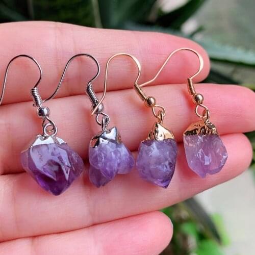 Small Flower Rock Raw Mineral Purple Crystal Quartz Dangle Earrings Birthstone Natural Amethysts Earrings Female Reiki Healing